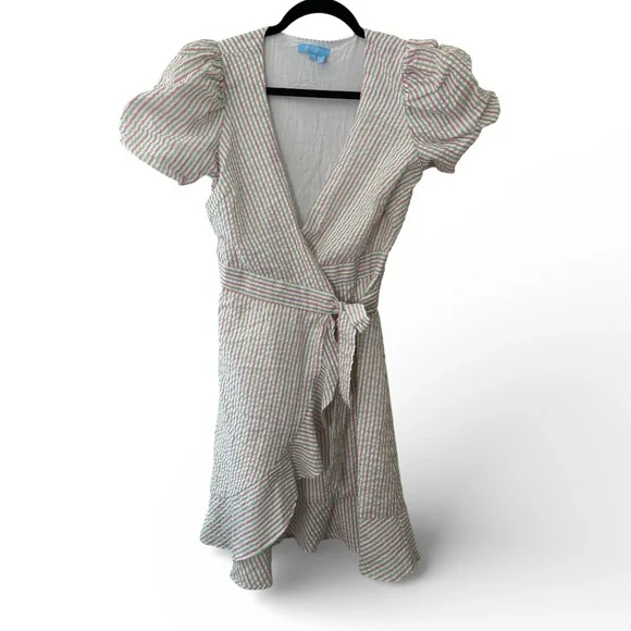 NWOT Draper James RSVP XS Pink Green Striped Seersucker Puff Sleeve Wrap Dress - Picture 2 of 14